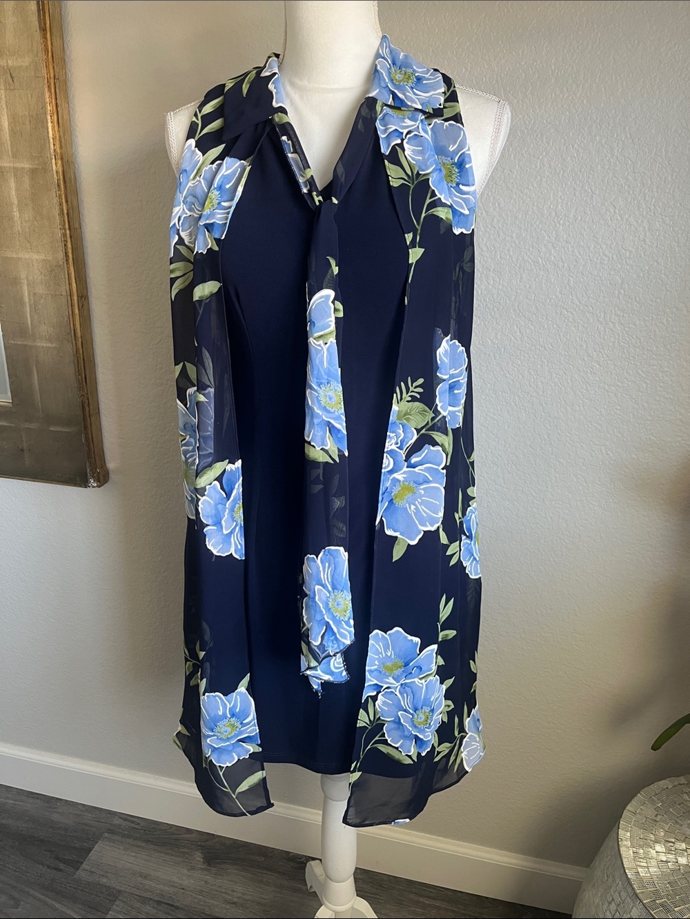 Navy Floral Tie-Neck Sleeveless Dress